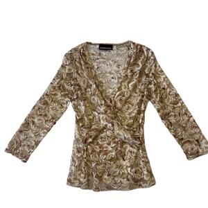 Vintage Frank Lyman Metallic Gold Floral Sheer Lace Wrap Top - M